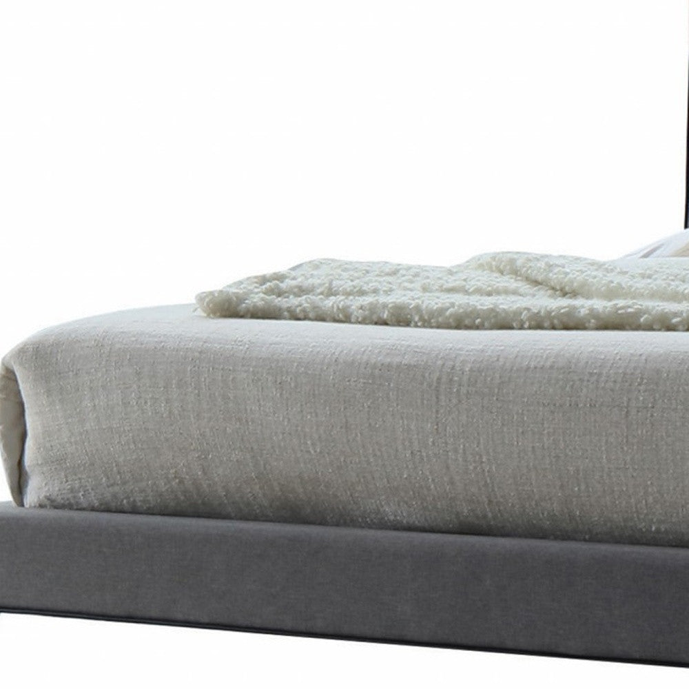 Light Gray Buttonless Tufted Fabric Queen Bed with Natural finish legs
