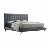 Light Gray Buttonless Tufted Fabric Queen Bed with Natural finish legs