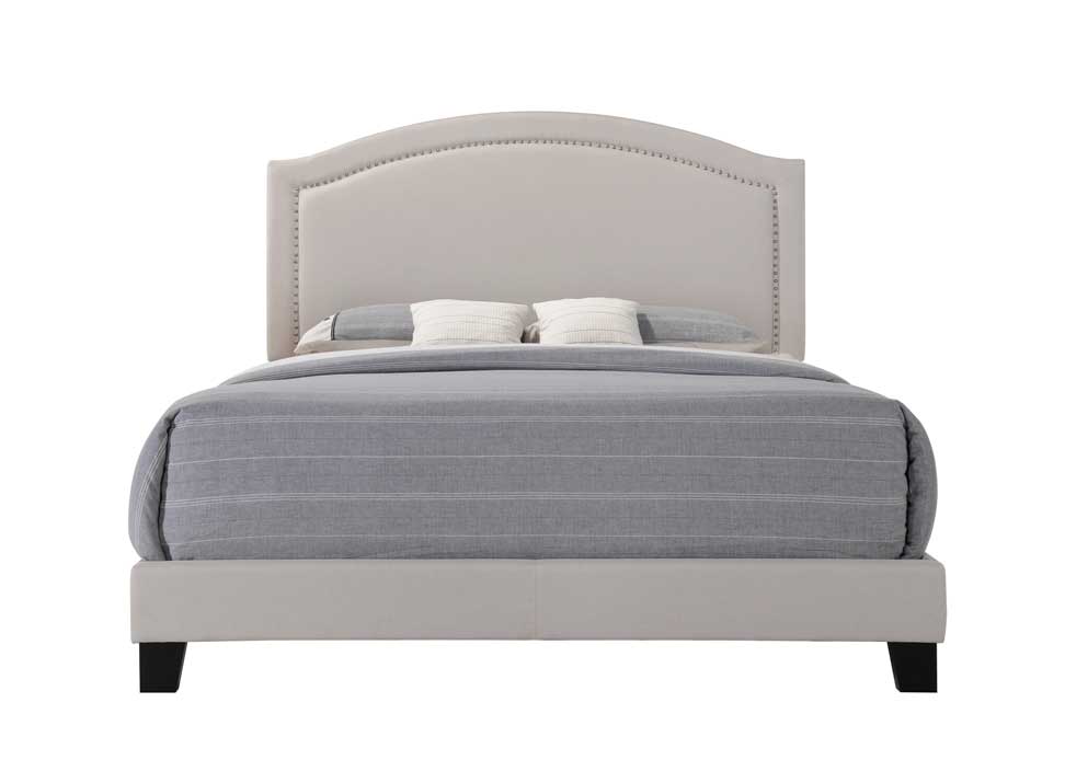 Queen Grey Upholsterd with nailhead trim Platform Bed and dark wood finish legs