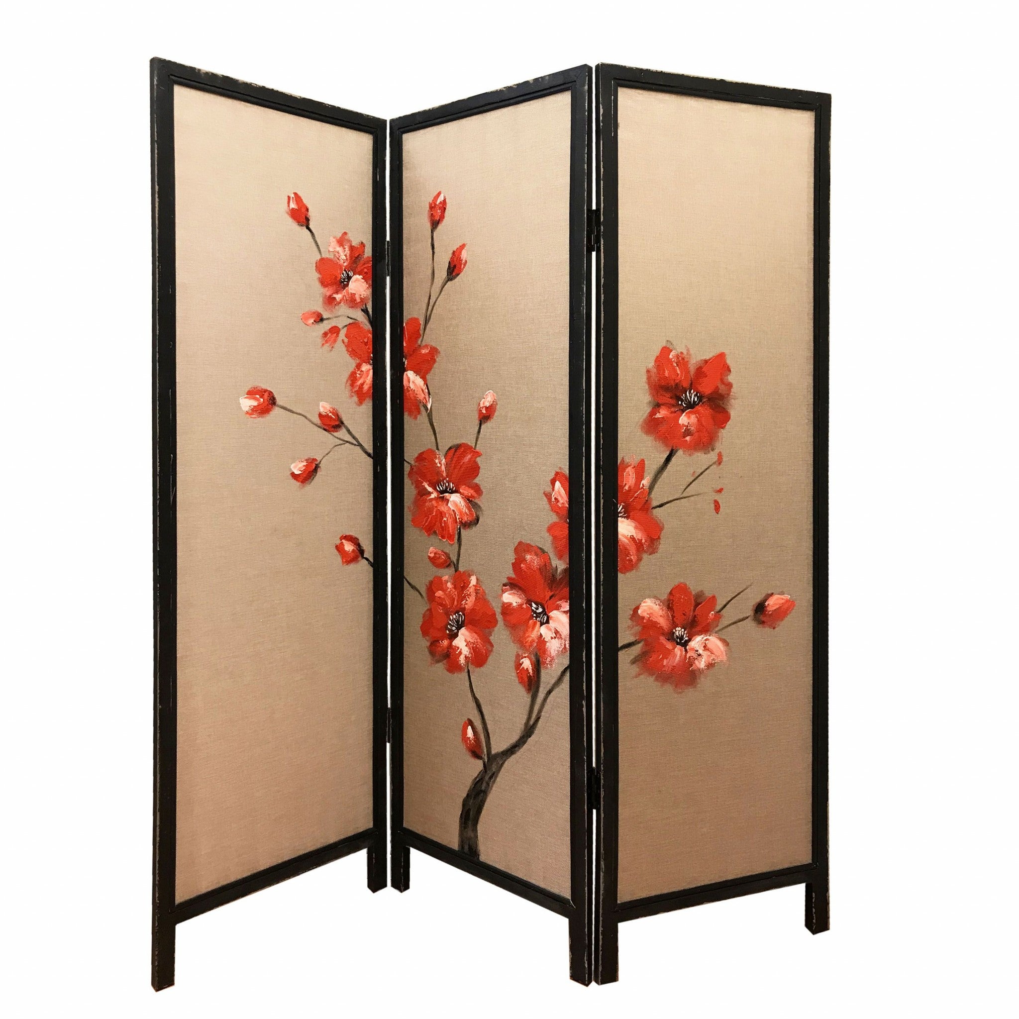 60 x 1 x 63 Brown Fabric And Wood Blooming  3 Panel Screen