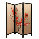 60 x 1 x 63 Brown Fabric And Wood Blooming  3 Panel Screen