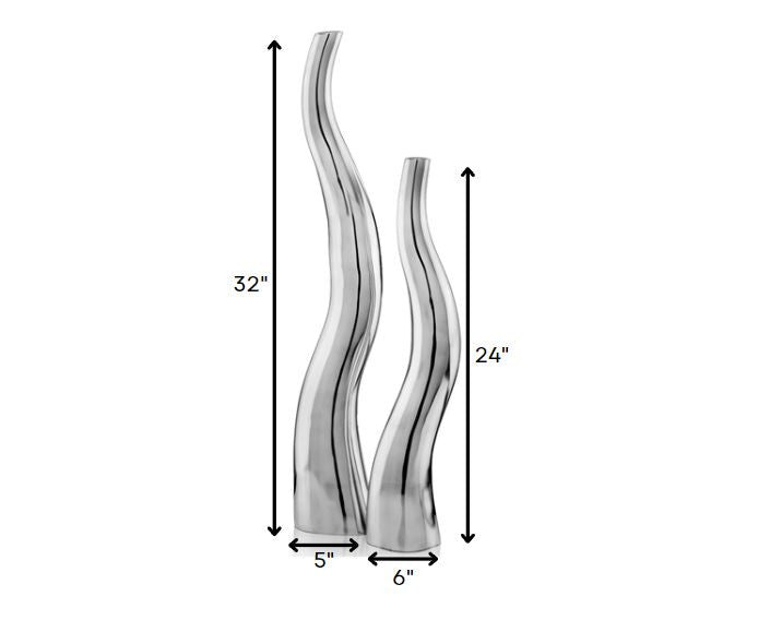 Set of 2 Modern Tall Silver Squiggly Vases