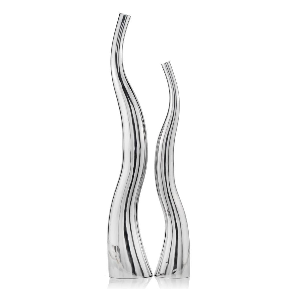 Set of 2 Modern Tall Silver Squiggly Floor Vases