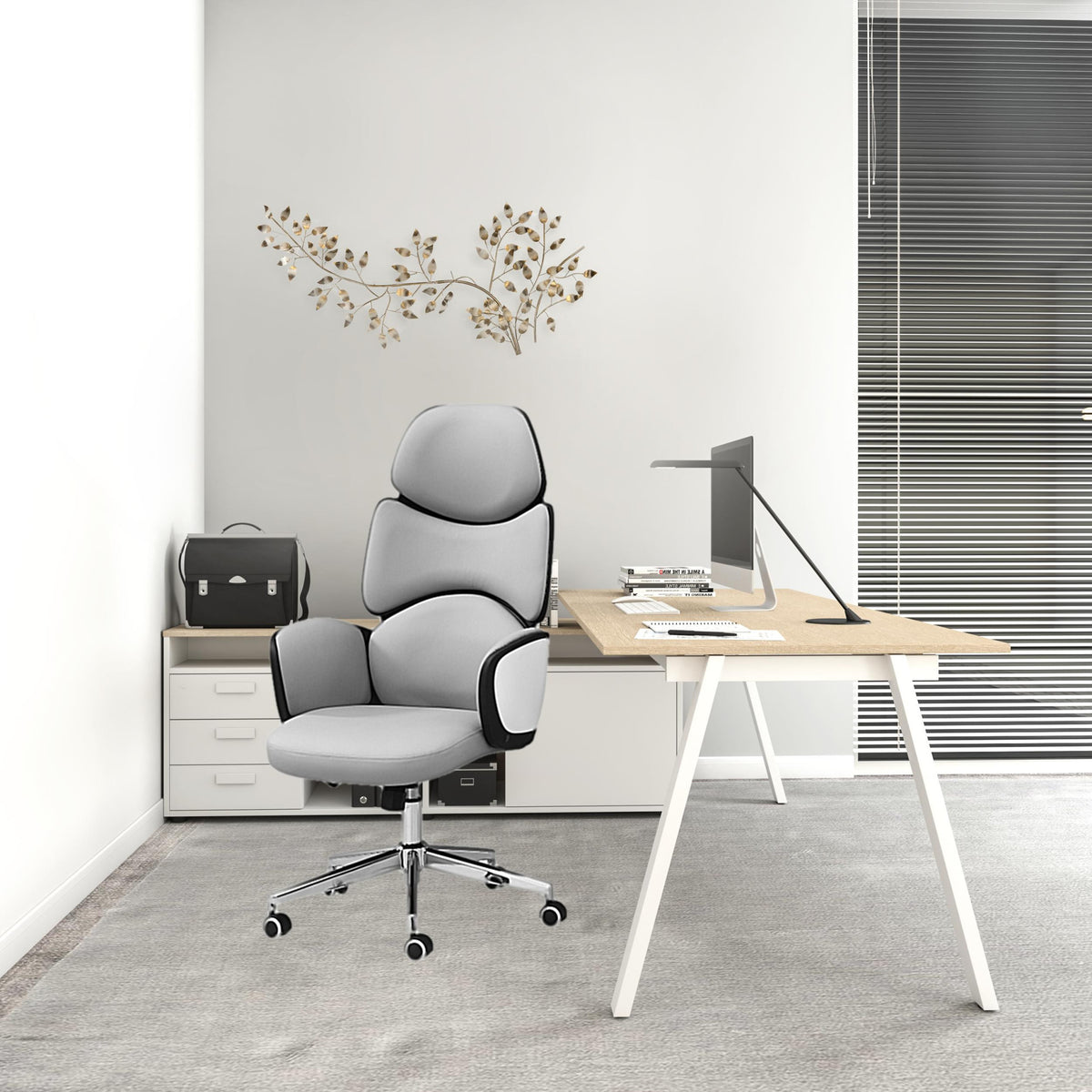 Grey Leather Look High Back Executive Office Chair