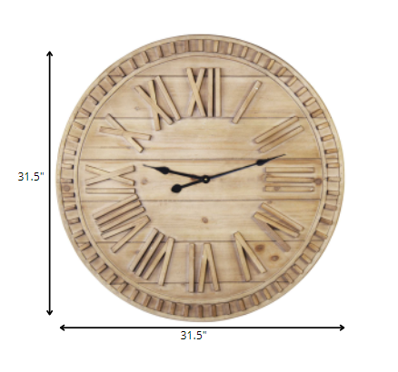 32 Round Natural Wood Face Roman Numeral Wall Clock