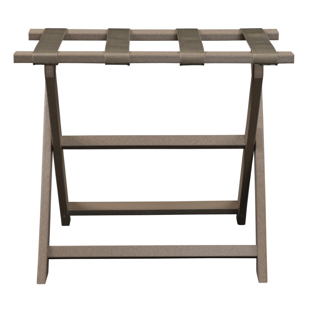 Earth Friendly Taupe Folding Luggage Rack with Dark Tan Straps