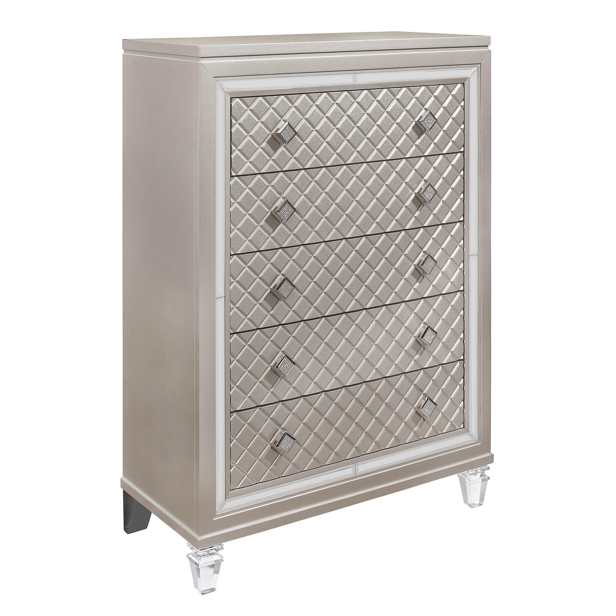 Champagne Toned Chest with Tapered Acrylic Legs and 5 Drawers
