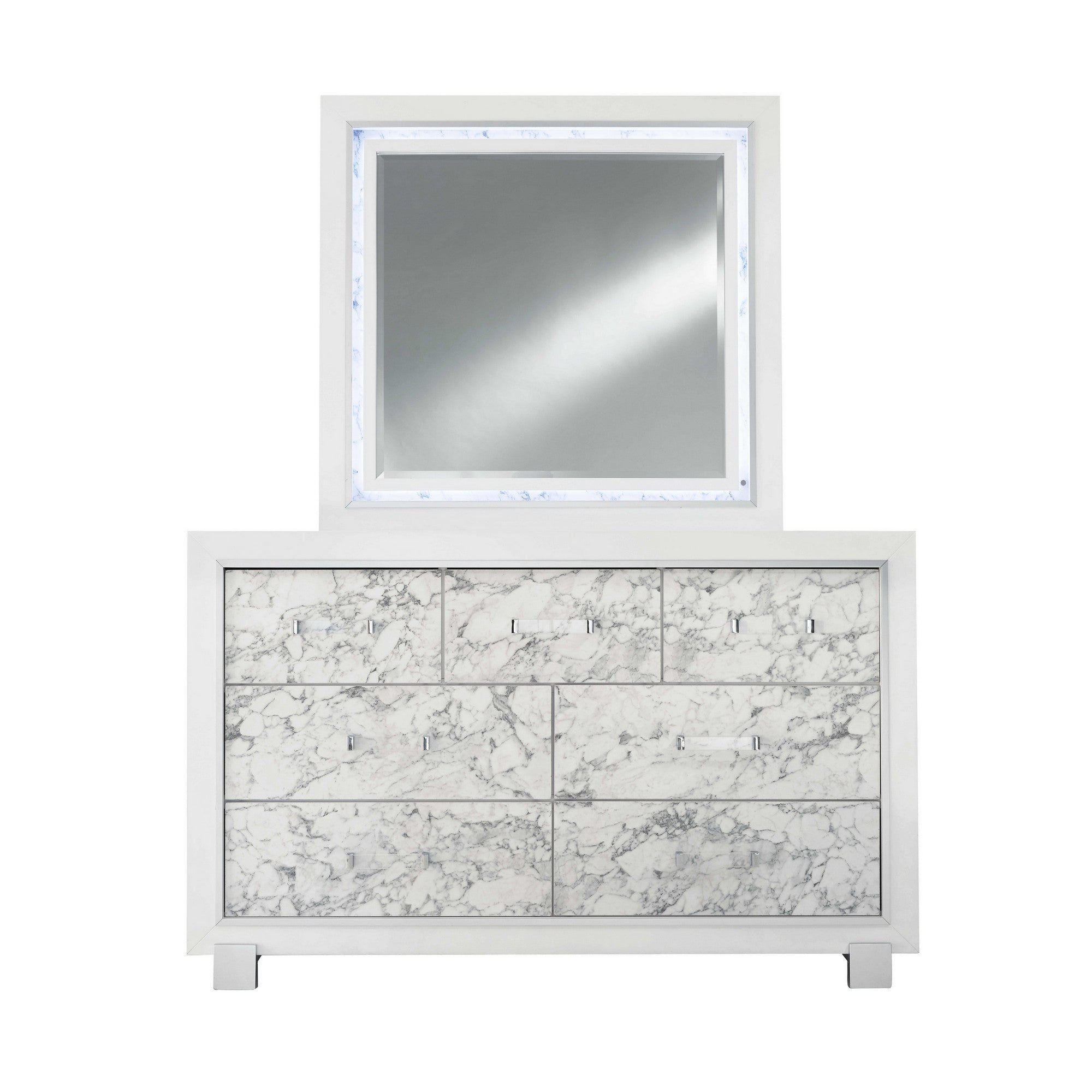 Modern White Mirror with Faux Marble Border Detail LED Lightning
