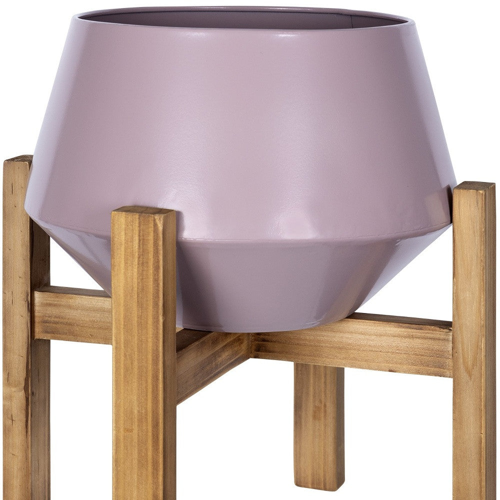 Pink Hexagonal Planter with Wooden Base