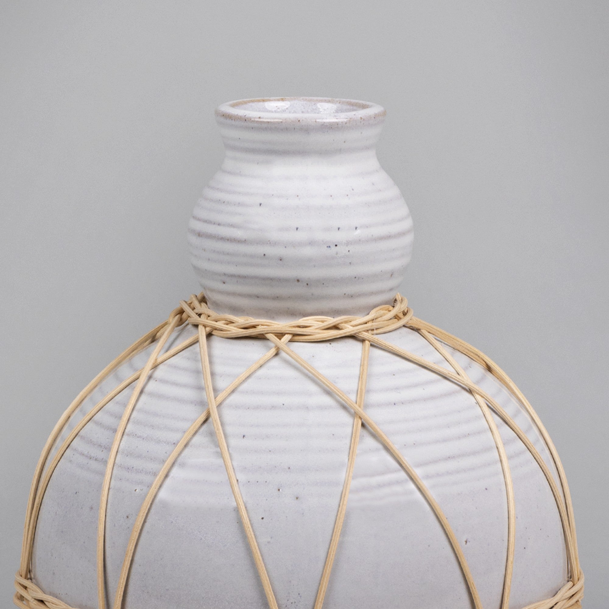 White Stone and Rattan Detail Wide Vase