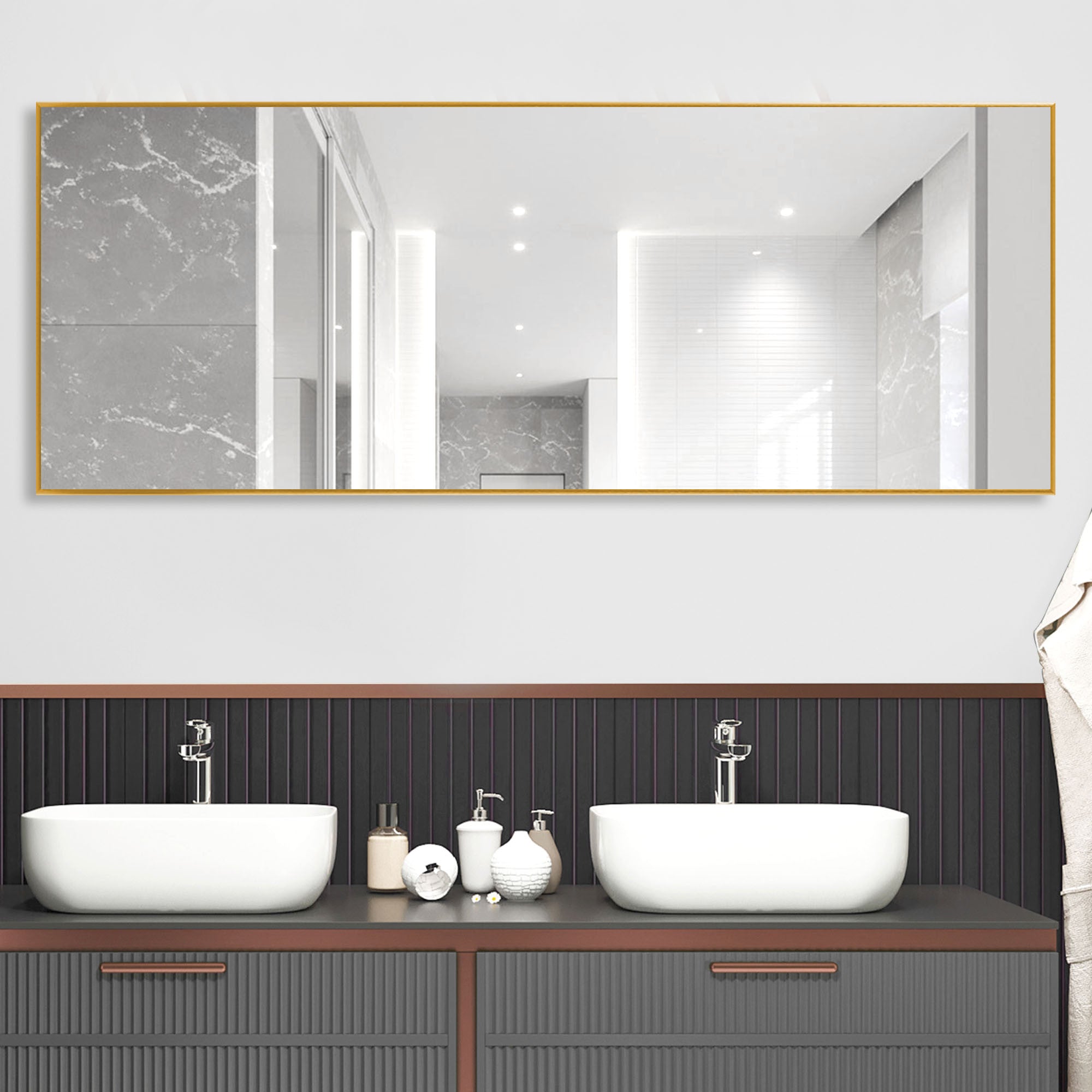 Narrow Minimal Gold Full-length Floor Mirror With Standing