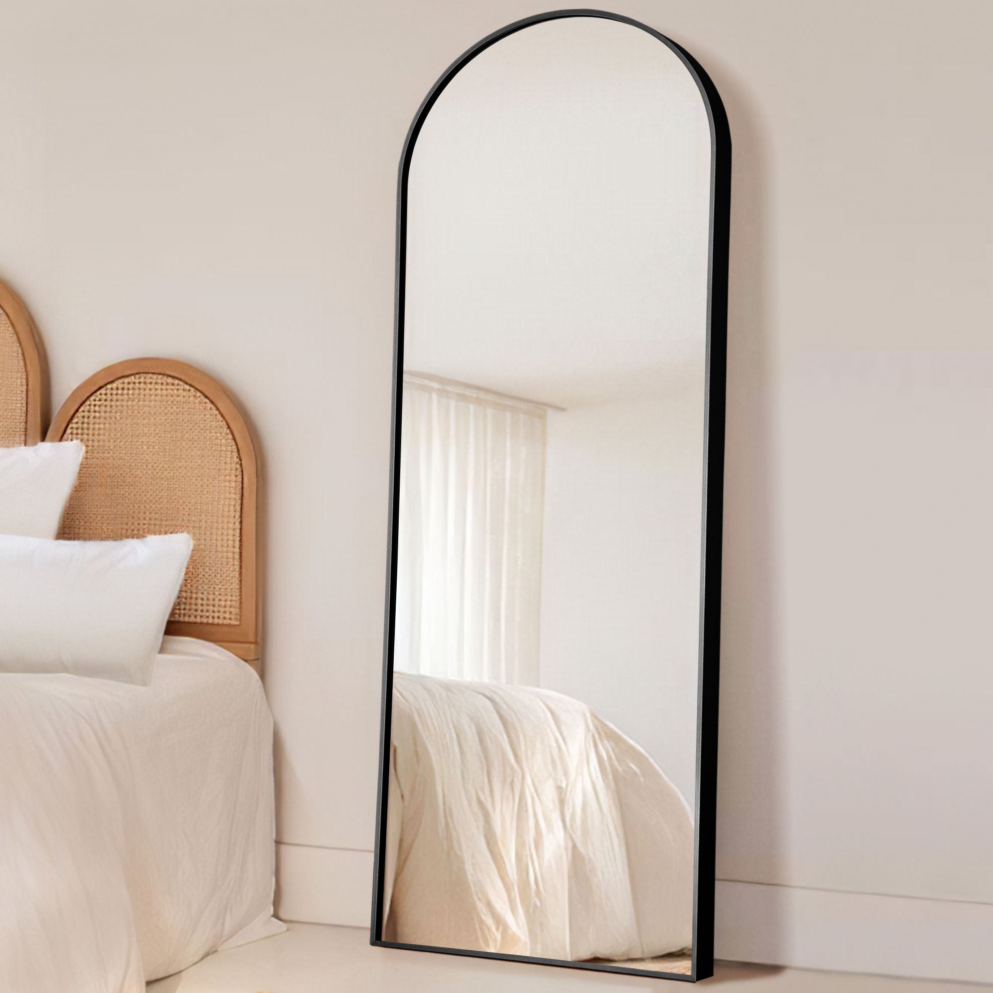 Narrow Black Arched Full Length Floor Mirror with Stand