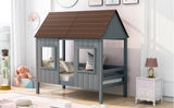 Antique Gray Twin Size Low Loft Wooden House Bed