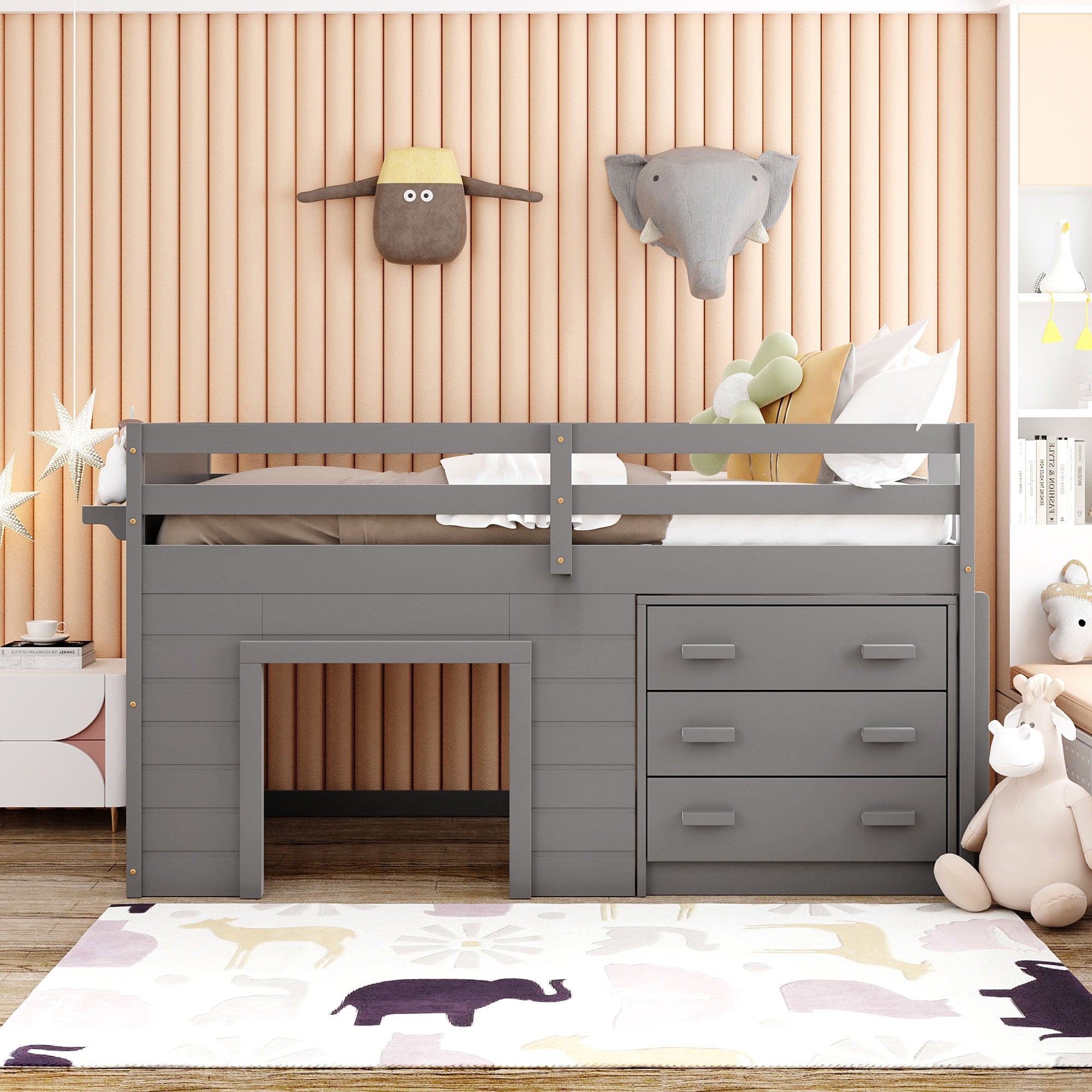 Gray Twin Size Loft Bed with Playhouse and Drawers