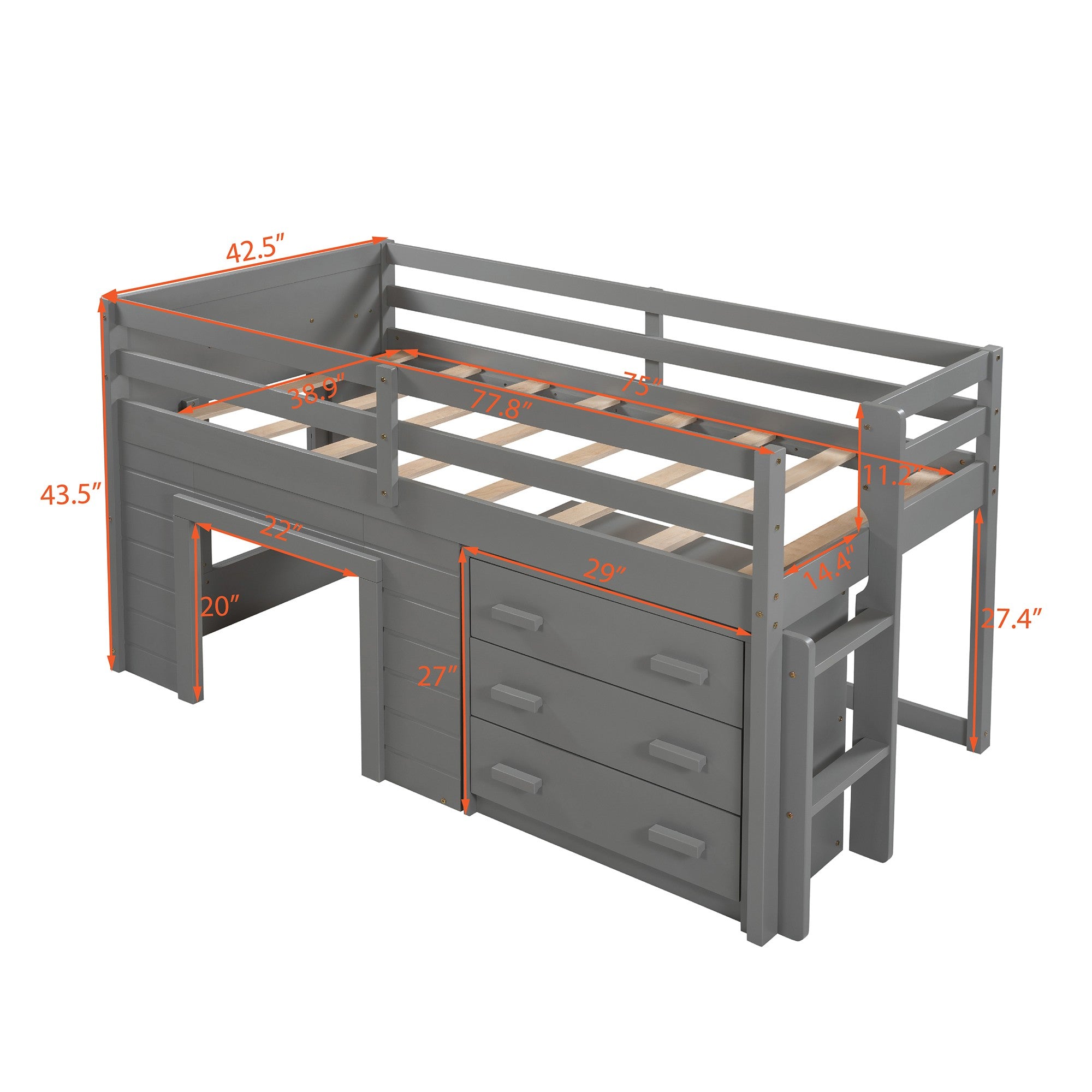 Gray Twin Size Loft Bed with Playhouse and Drawers