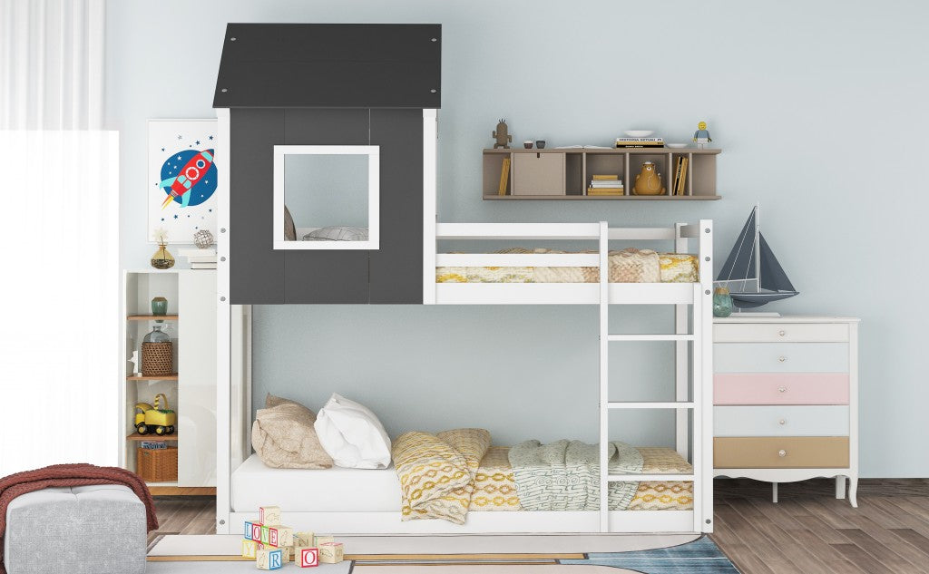 Gray and White Twin Over Twin Low Bunk Bed with House Roof and Window