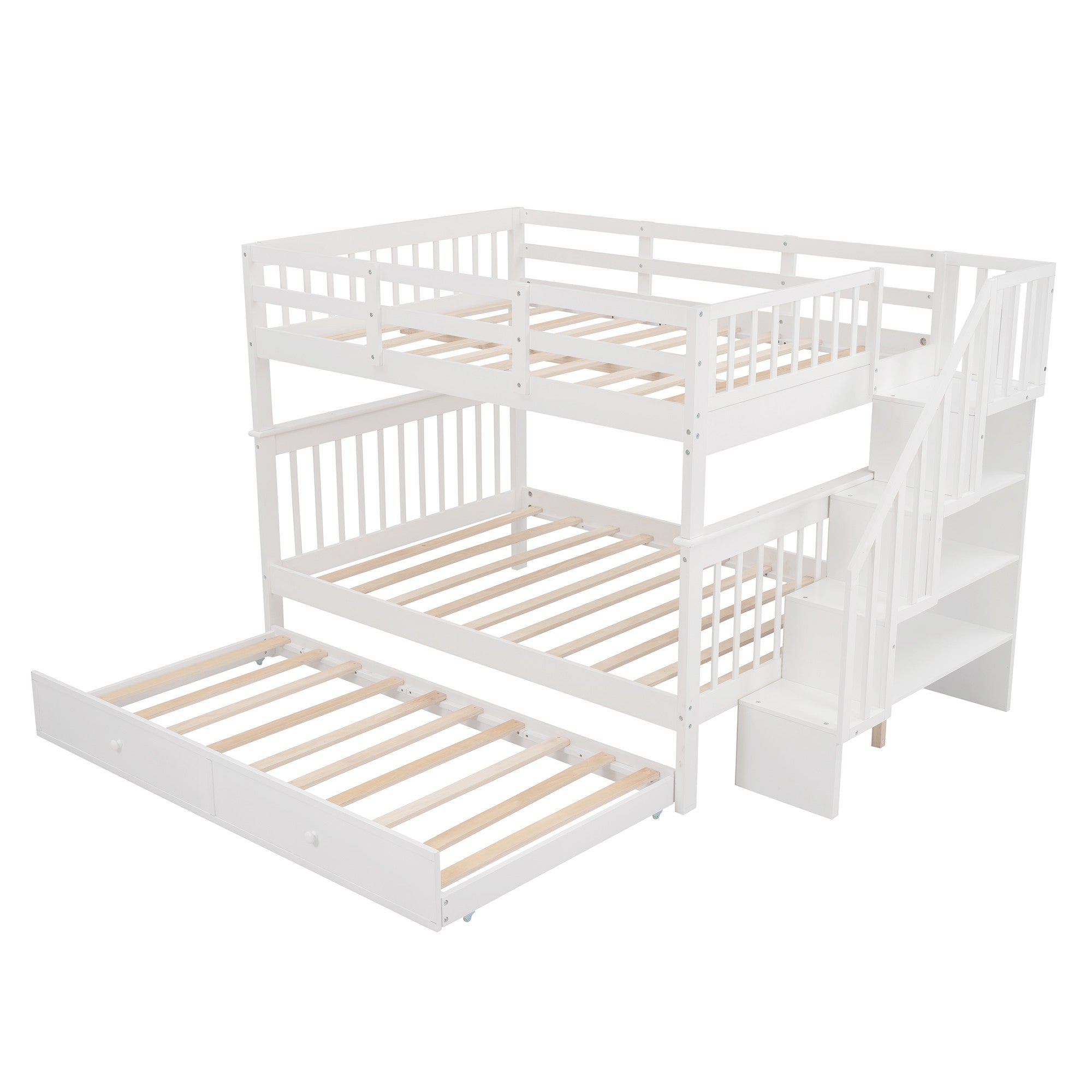 White Full Over Full Bunk Bed with Stairway Drawers and Trundle