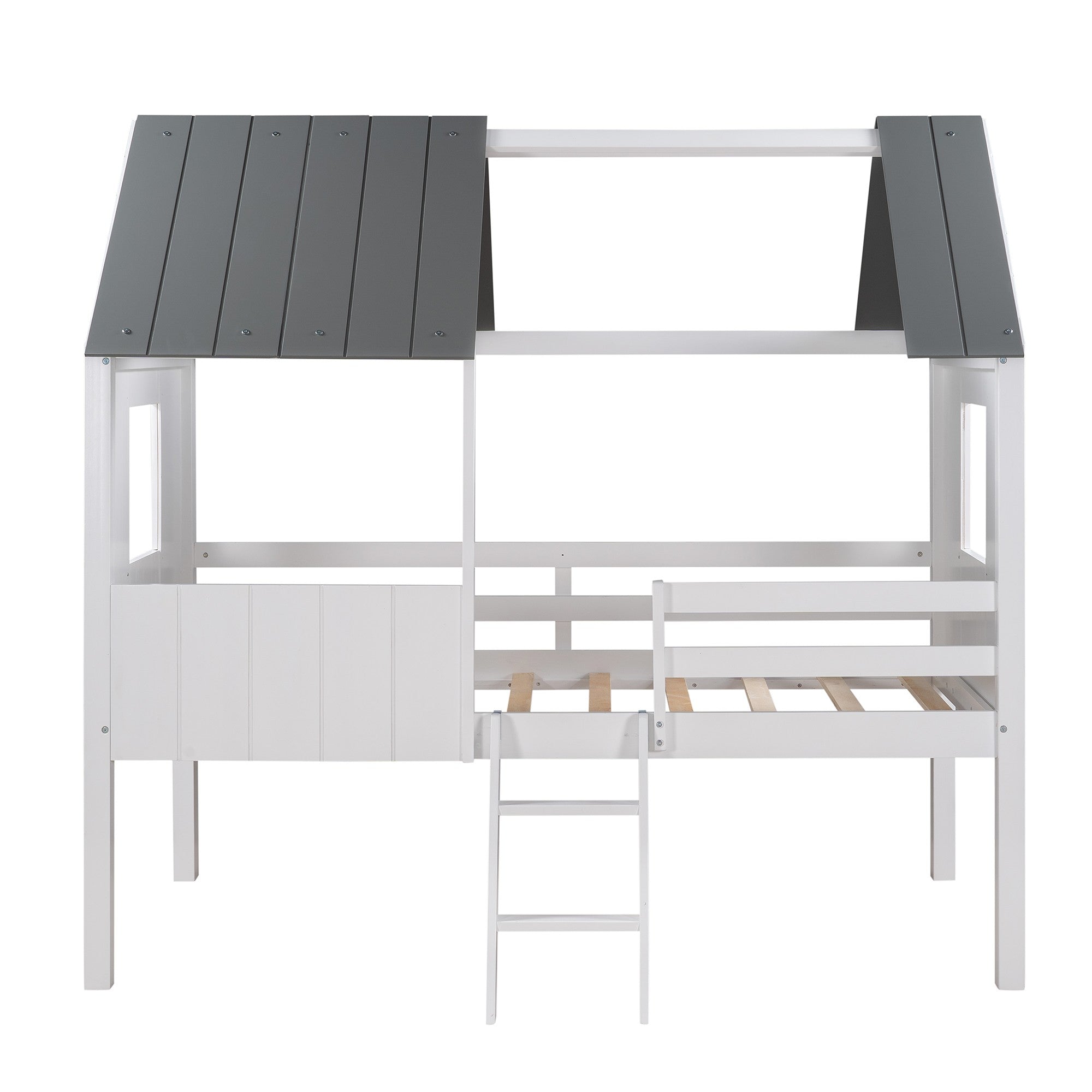 Gray and White Twin Size Loft House Bed with Side Windows
