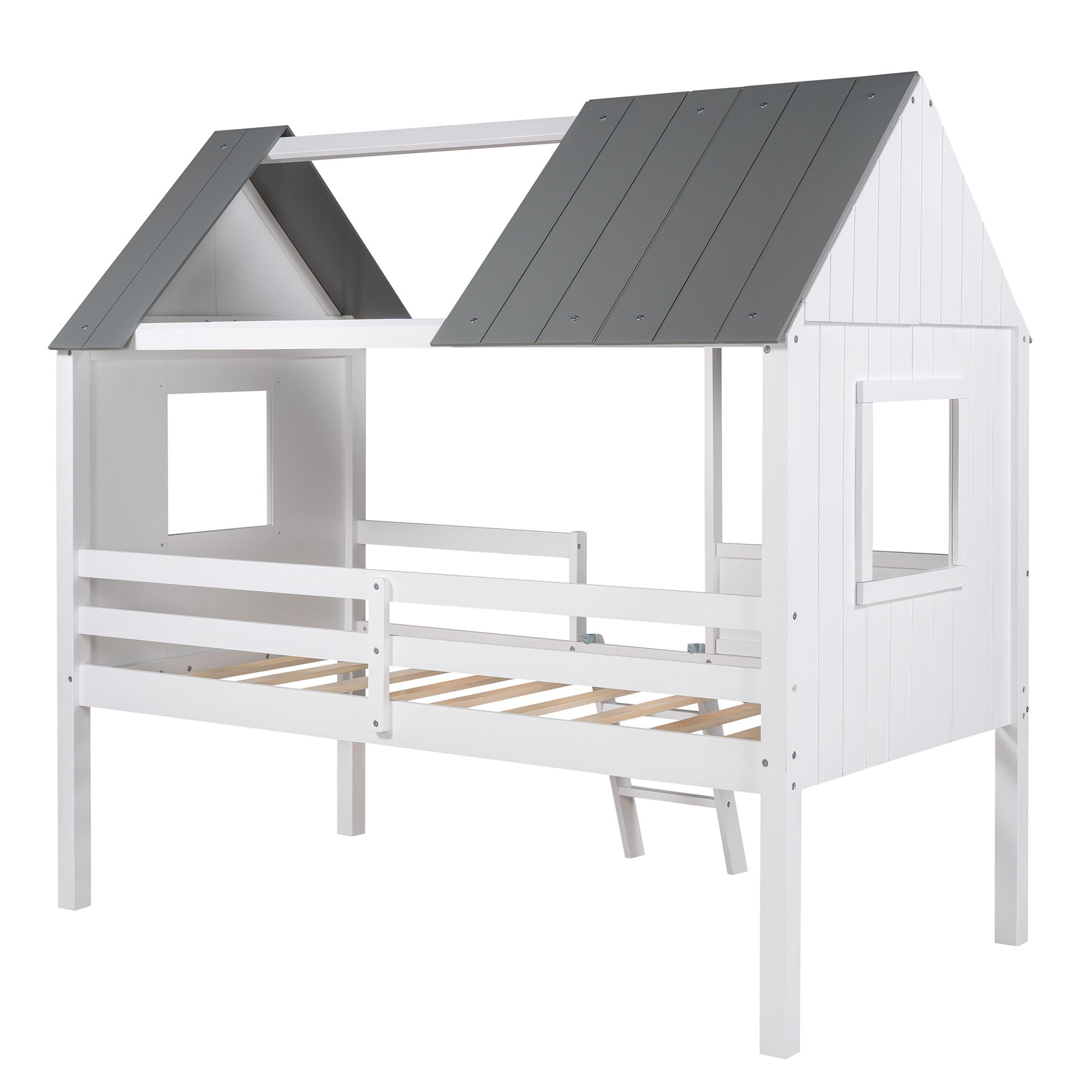 Gray and White Twin Size Loft House Bed with Side Windows