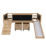 Climbing Frame Natural Twin Size Loft Bed with Slide and Storage Boxes