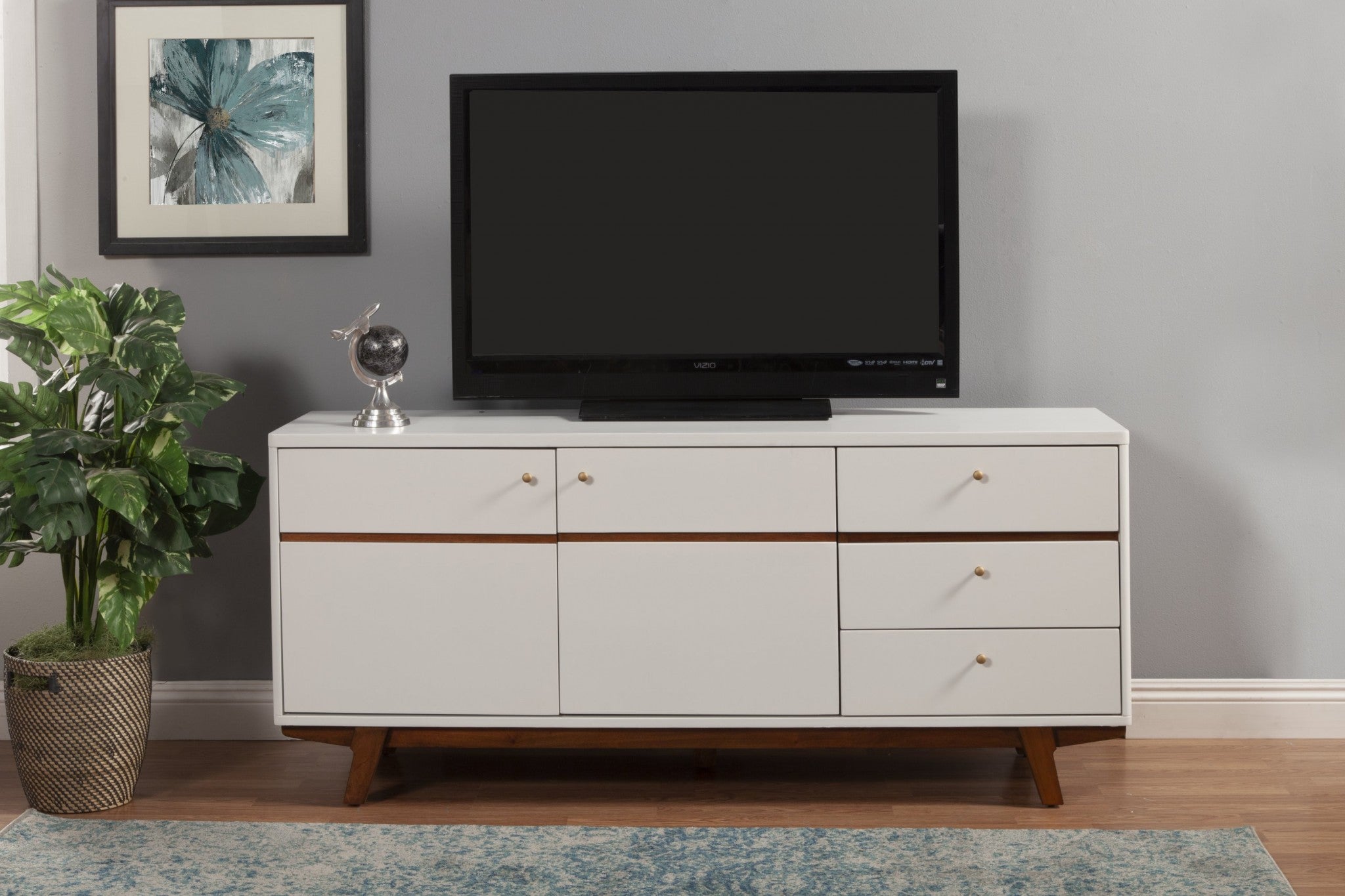 White Mid Century Mod TV Console with Acorn Accents