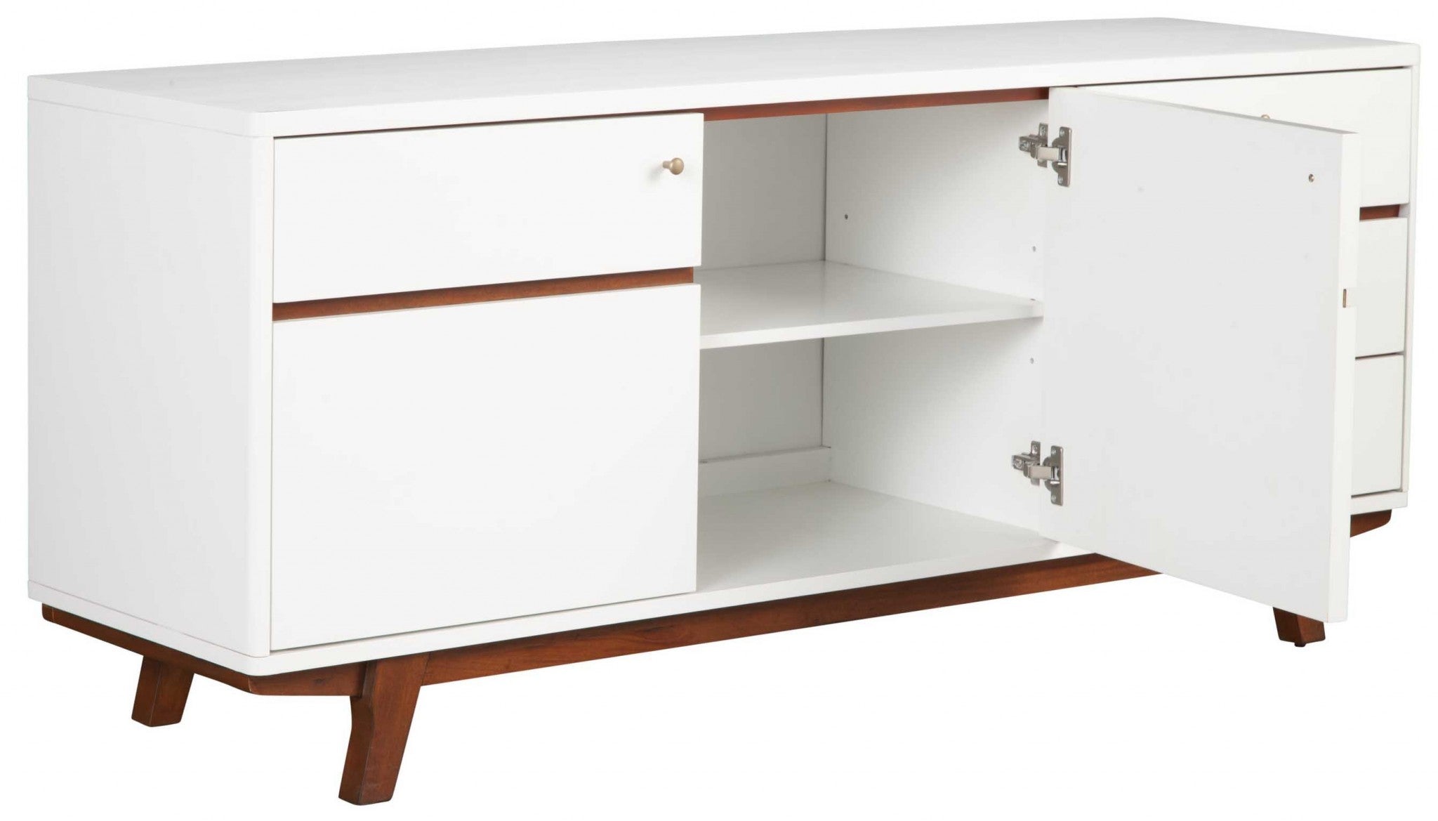 White Mid Century Mod TV Console with Acorn Accents