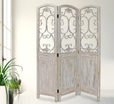 Romantic Whitewashed Scroll Three Panel Room Divider Screen