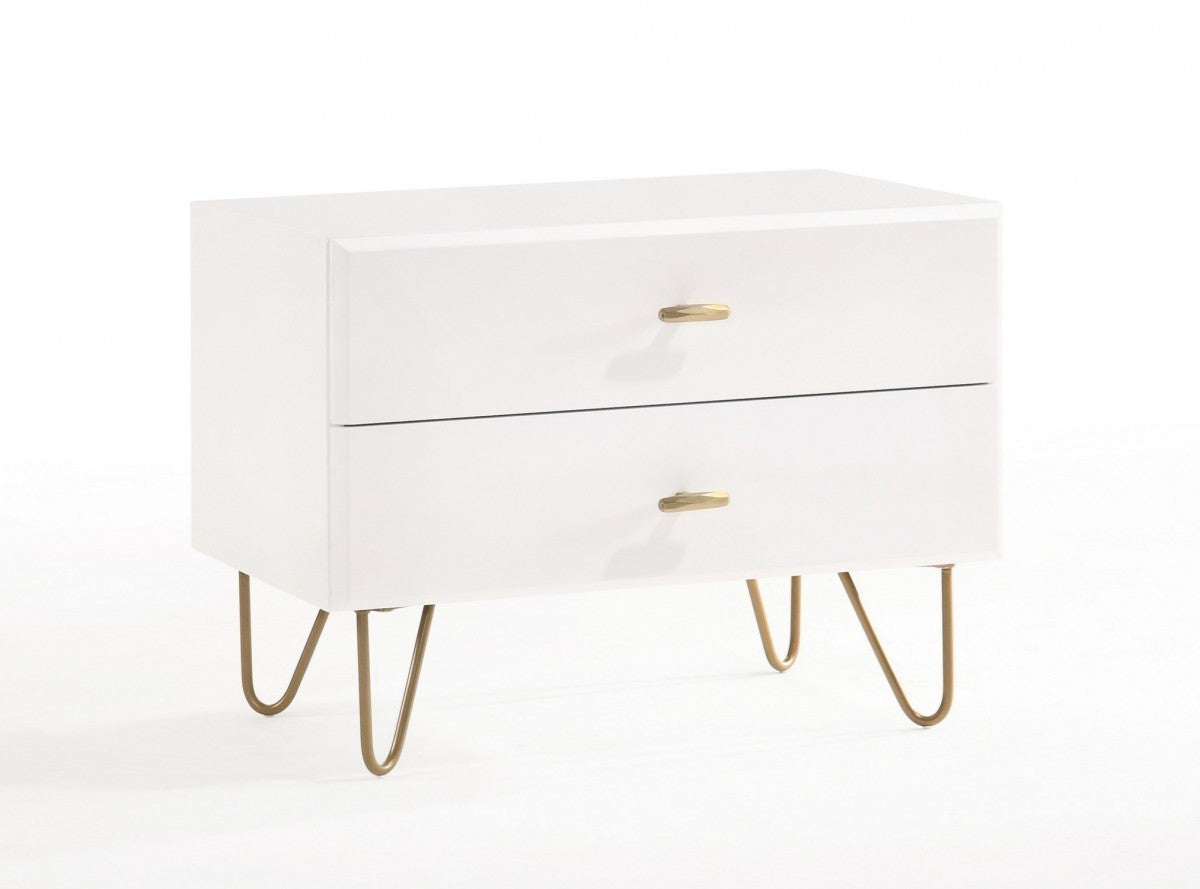 Contemporary White and Gold Nightstand with Two Drawers