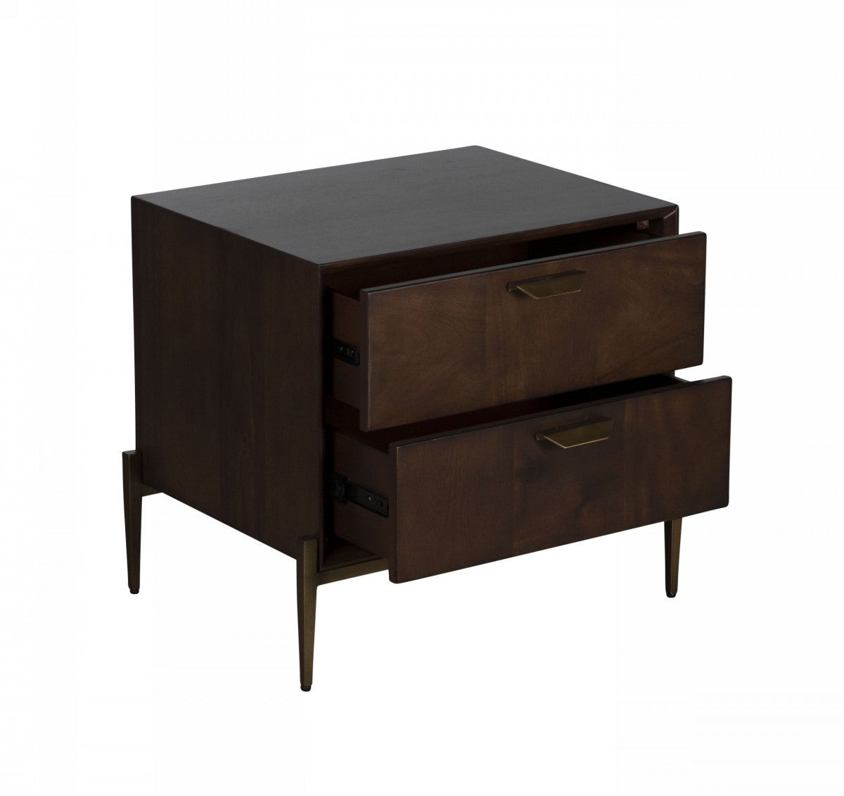Modern Dark Mango Acacia and Brass Nightstand with Two Drawers