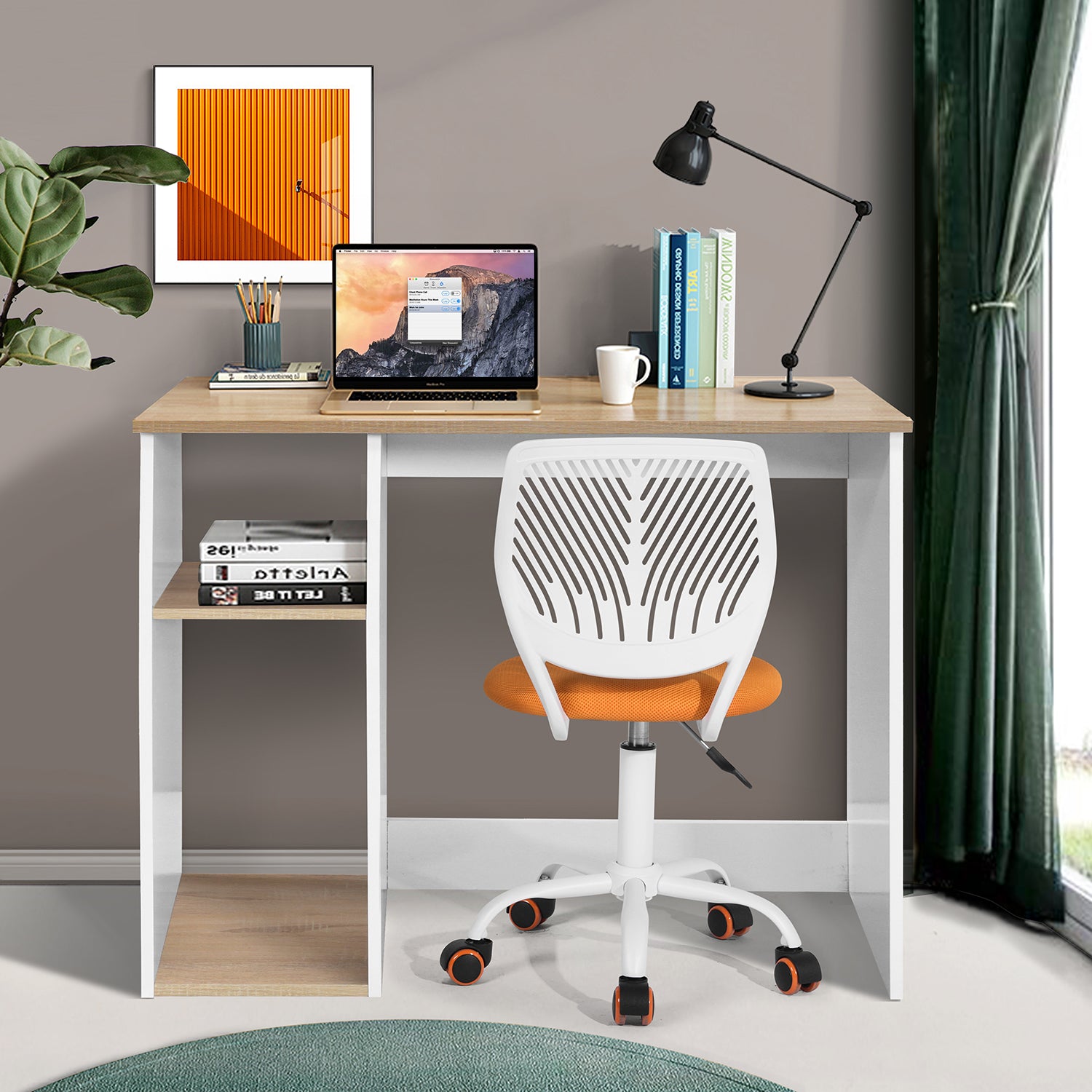 Modern Geo Oak and White Computer Table With Storage Shelves