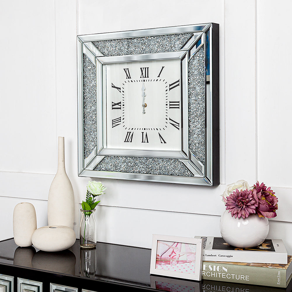 Diamond and Silver Mirrored Square Wall Clock